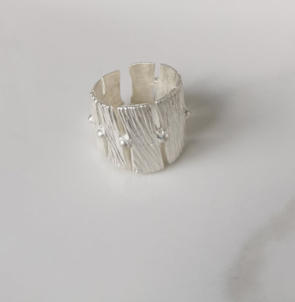 Silver Ring with Bark wood texture